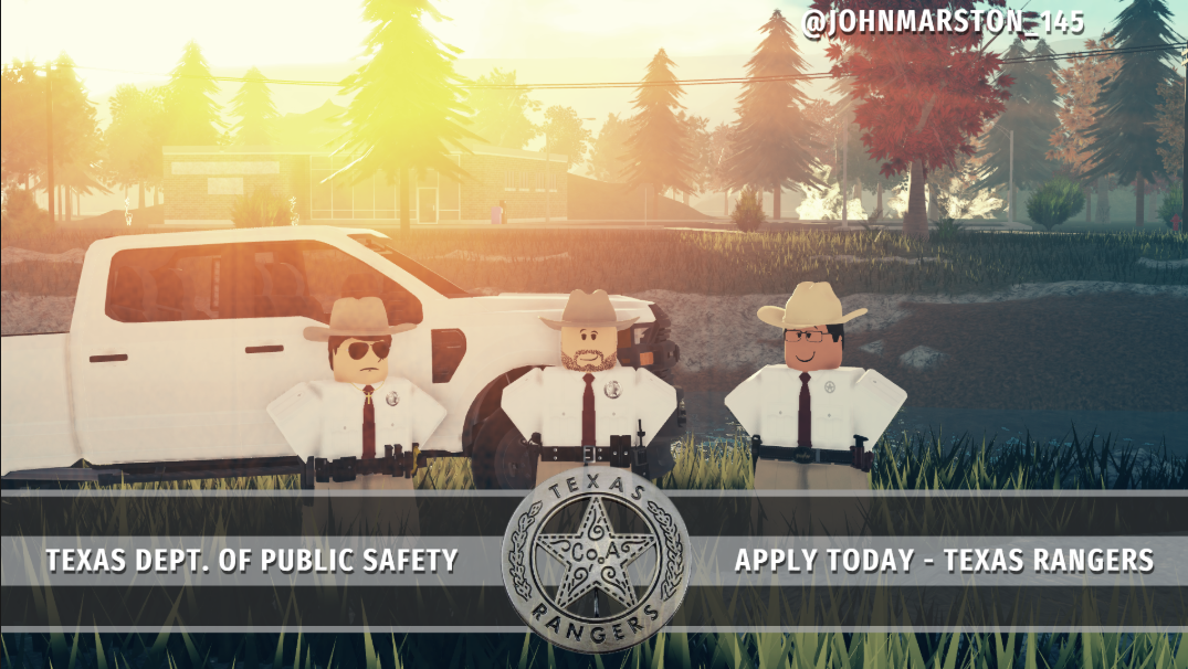 Texas Rangers recruitment poster with three uniformed members standing outdoors.