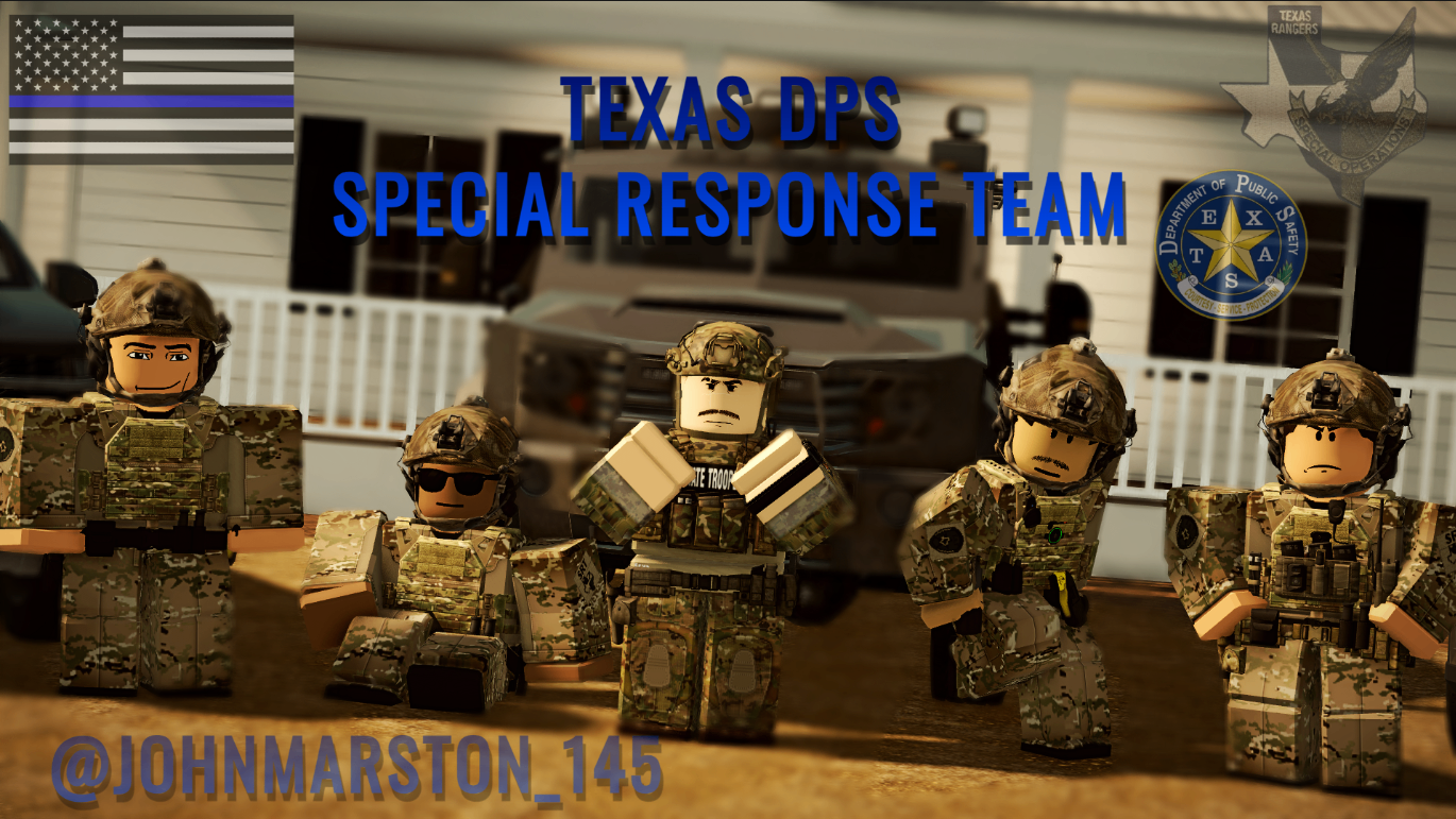 Texas DPS special response team portrait graphic with multiple tactical members.