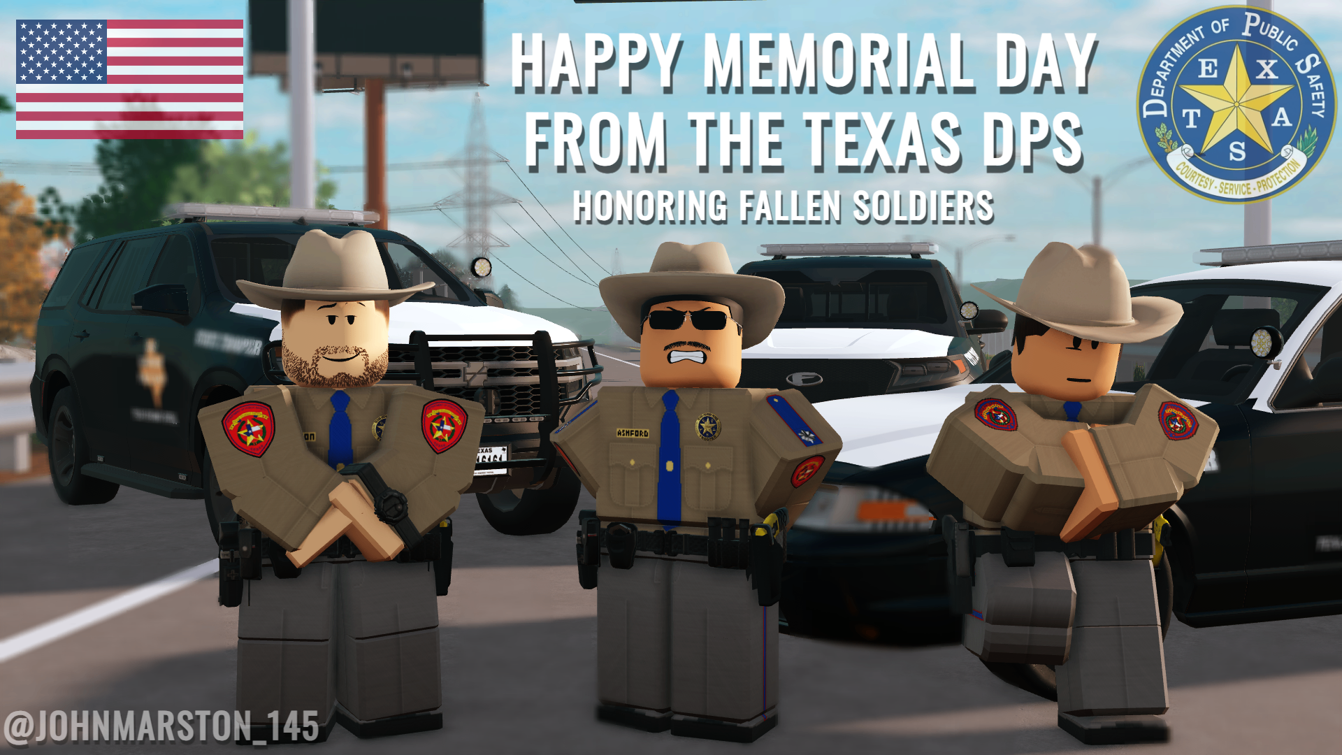 Memorial Day Texas DPS tribute graphic with officers and patrol vehicles.